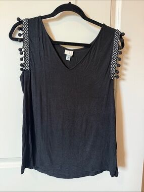 Black Pom-Trim Sleeveless V-Neck Top